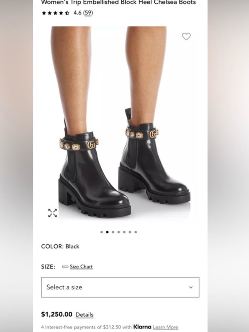 Gucci Black Leather Lug Sole Chelsea Boots with Jeweled GG Strap
